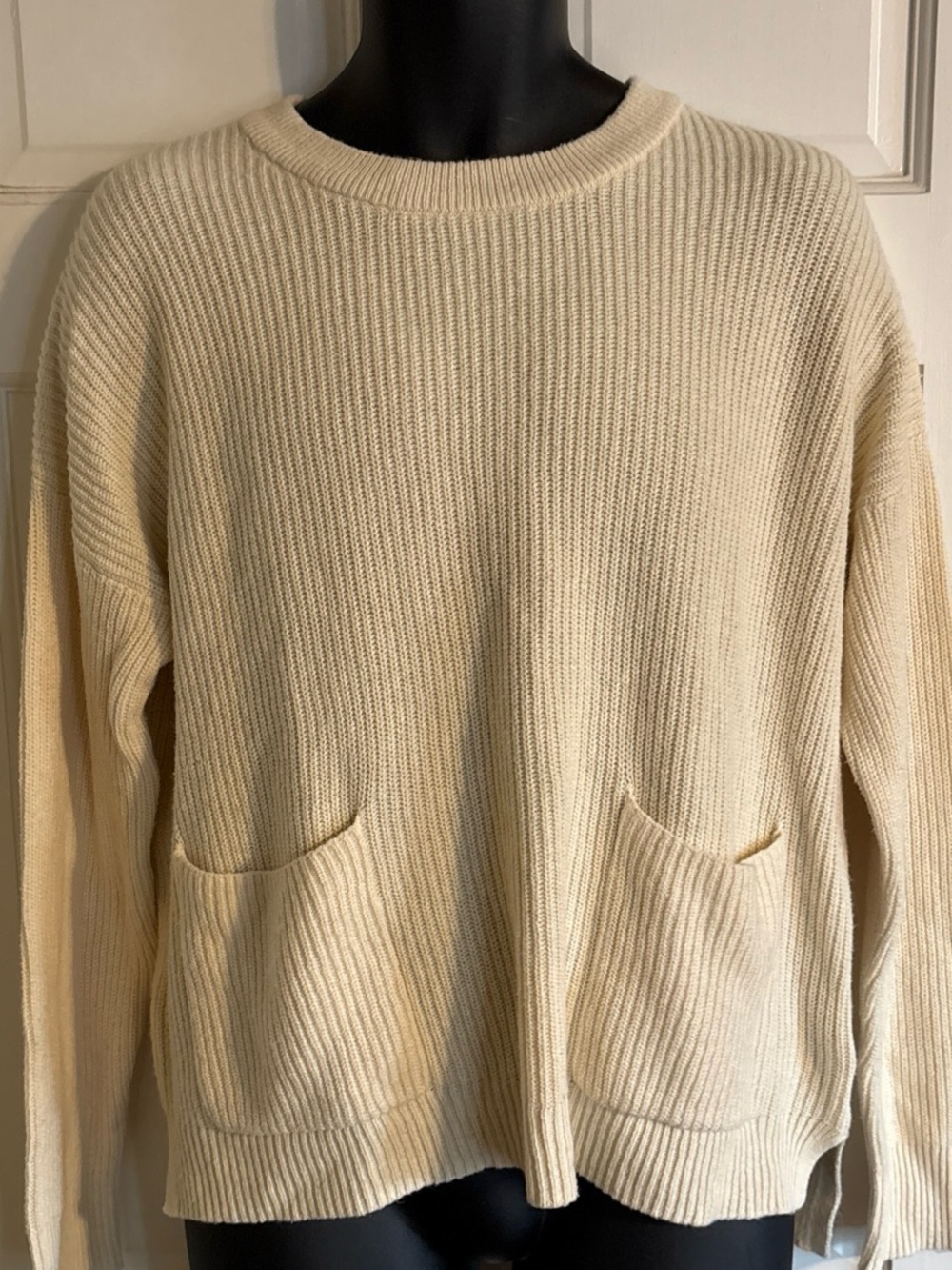 Madewell Cream Patch Pocket Pullover Ribbed Crewneck Sweater